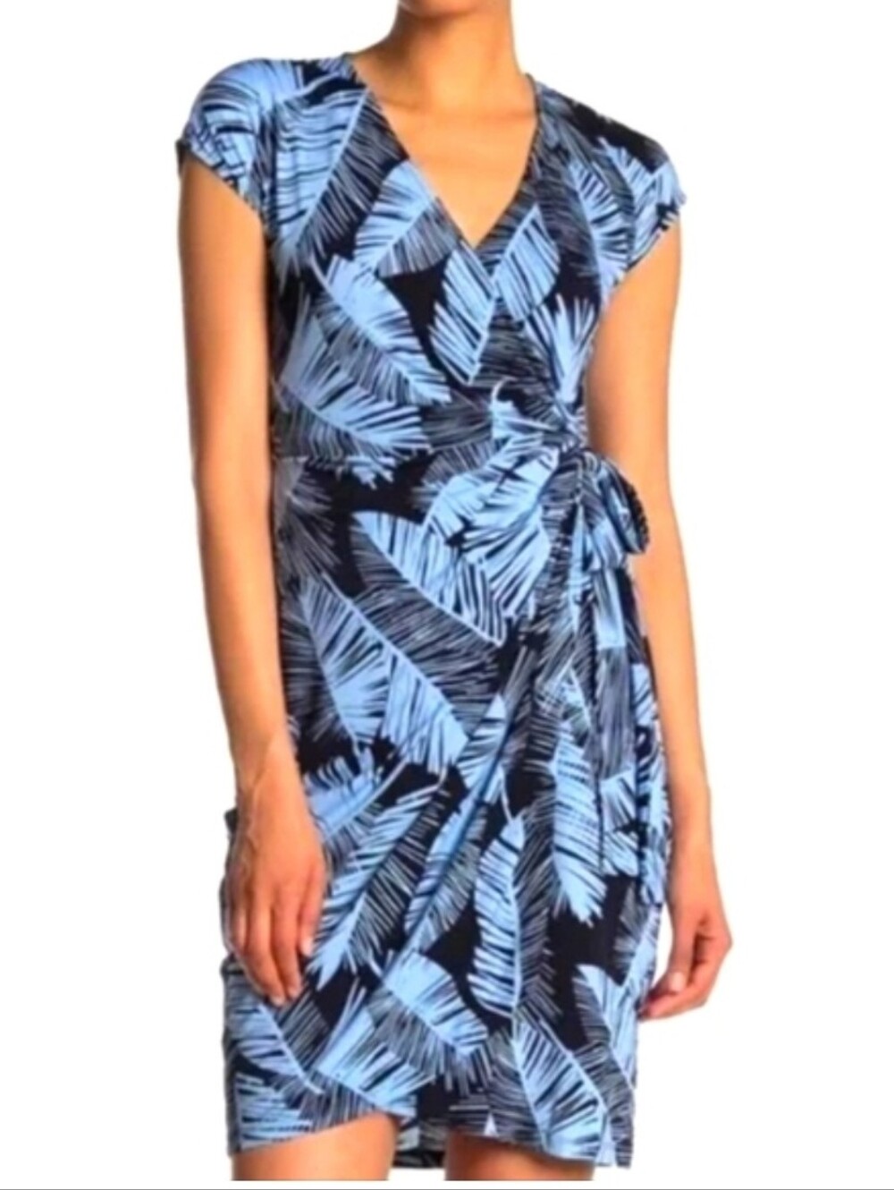 Maggy London Blue Palm-Print Wrap Dress - Size 12